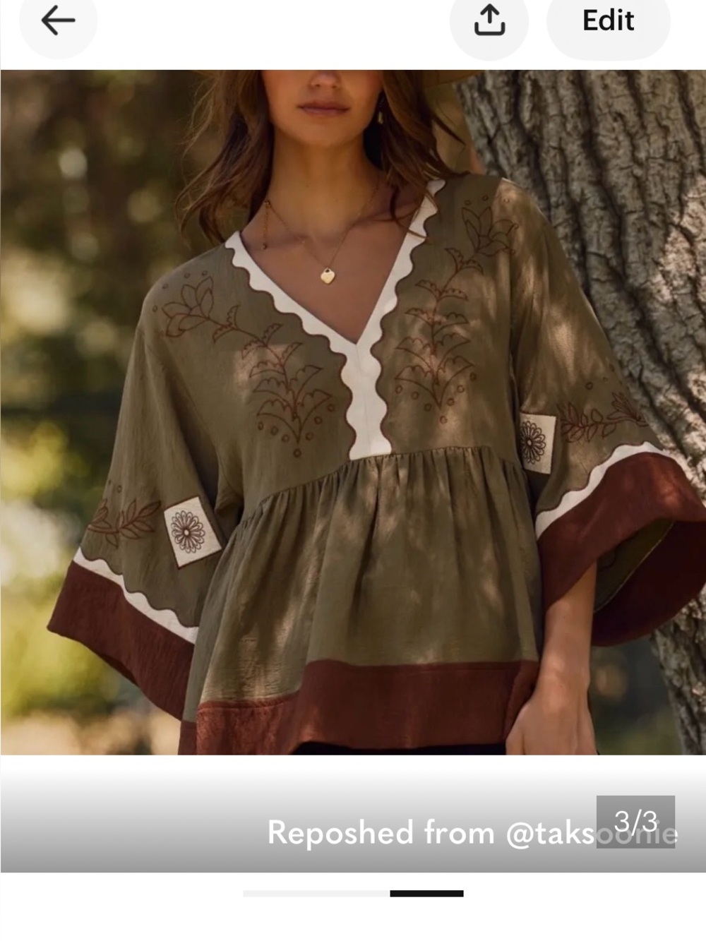 Boho Olive & Brown Embroidered V-Neck Peasant Top